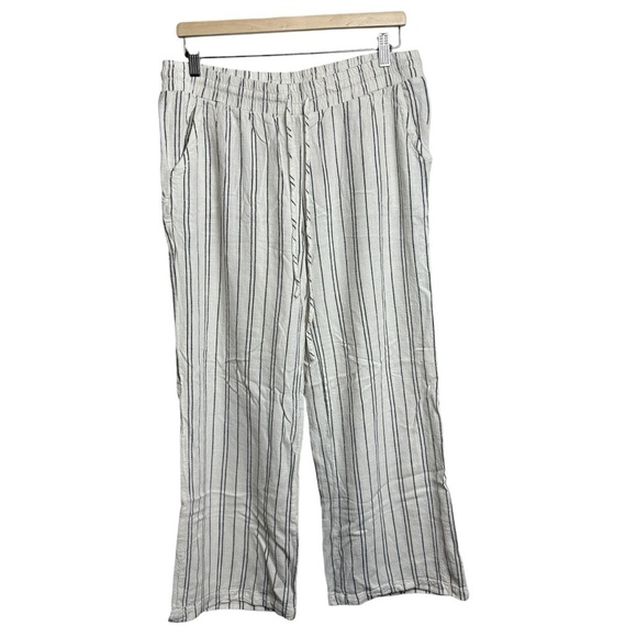 Linen Blend PullOn Pants Nautical Wide Leg Beach Striped Beige SZ L Lagenlook - Picture 9 of 10